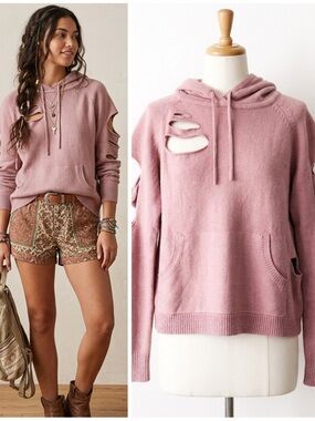 LOLA x LF Shredded Deconstructed Upcycled Knit Hoodie Sweater Dusty Rose Small